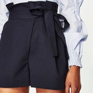 Zara Trafaluc Navy High Waisted Tie Up Paper Bag Short